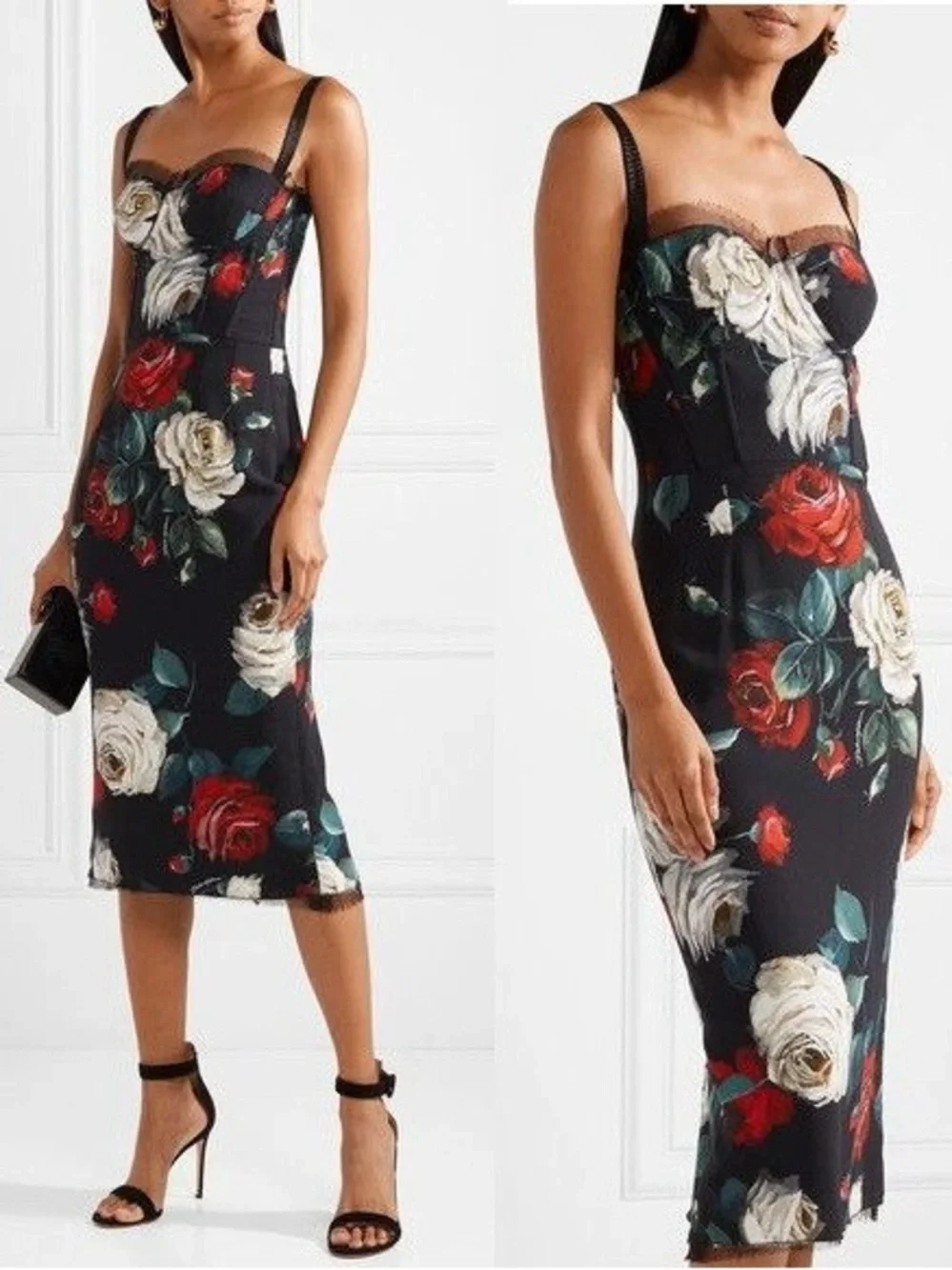 Dolce & Gabbana Black Floral Midi Dress with Red & White Roses - Picture 3 of 10